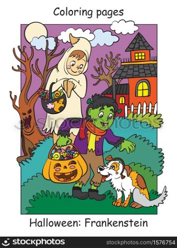Vector colorful illustration children in costumes of ghost and frankenstein patted the dog. Halloween concept. Cartoon illustration isolated on white background. For coloring book for children, preschool education, print and game.. Colorful Halloween cute little frankenstein and ghost