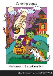 Vector colorful illustration children in costumes of ghost and frankenstein patted the dog. Halloween concept. Cartoon illustration isolated on white background. For coloring book for children, preschool education, print and game.. Colorful Halloween cute little frankenstein and ghost