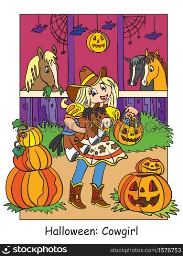 Vector colorful illustration cute girl in costume of cowgirl in the stable. Halloween concept. Cartoon illustration isolated on white background. For coloring book for children, preschool education, print and game.. Colorful Halloween cute little witch flying on broom