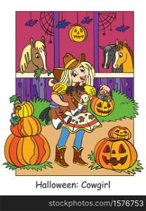 Vector colorful illustration cute girl in costume of cowgirl in the stable. Halloween concept. Cartoon illustration isolated on white background. For coloring book for children, preschool education, print and game.. Colorful Halloween cute little witch flying on broom