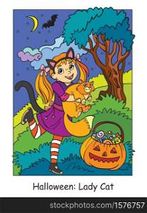 Vector colorful illustration cute little girl in costume of cat hugging a cat. Halloween concept. Cartoon illustration isolated on white background. For coloring book for children, preschool education, print and game.. Colorful Halloween cute little girl in costume of cat
