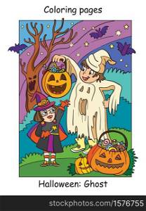 Vector colorful illustration happy children in costume of witch and ghost. Halloween concept. Cartoon illustration isolated on white background. For coloring book for children, preschool education, print and game.. Colorful Halloween cute little witch and ghost