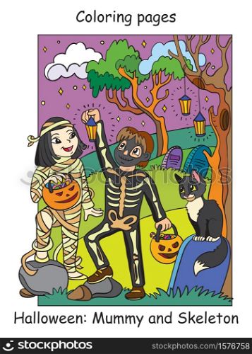 Vector colorful illustration happy children in costumes of skeleton and mummy. Halloween concept. Cartoon illustration isolated on white background. For coloring book for children, preschool education, print and game.. Colorful Halloween children in costumes of skeleton and mummy.