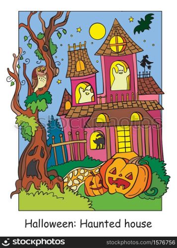 Vector colorful illustration haunted house and scary tree and pumpkin. Halloween concept. Cartoon illustration isolated on white background. For coloring book for children, preschool education, print and game.. Colorful Halloween scary haunted house at night