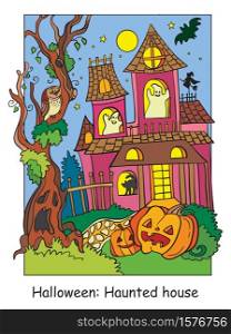 Vector colorful illustration haunted house and scary tree and pumpkin. Halloween concept. Cartoon illustration isolated on white background. For coloring book for children, preschool education, print and game.. Colorful Halloween scary haunted house at night