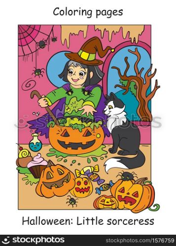 Vector colorful illustration little witch cooks a potion in cauldron. Halloween concept. Cartoon illustration isolated on white background. For coloring book for children, preschool education, print and game.. Colorful Halloween cute little witch cooks in cauldron