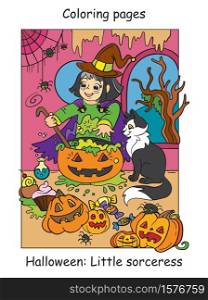 Vector colorful illustration little witch cooks a potion in cauldron. Halloween concept. Cartoon illustration isolated on white background. For coloring book for children, preschool education, print and game.. Colorful Halloween cute little witch cooks in cauldron