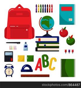 Vector colorful illustration of a school backpack, books, globe, crayons, notebook, calculator, pen, paper clip, glue, rulers and other school supplies on a white background. Bright design for web, ad. Vector colorful illustration of a school backpack, books, globe, crayons, notebook, pad, calculator, sticker sheet, pen, paper clips, glue, rulers and other school supplies on a white background.