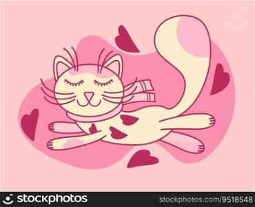 Vector colorful illustration of an elegant, cute kitty who is thinking and dreaming, in a romantic style with hearts. Suitable for stickers, clothes print, holiday cards