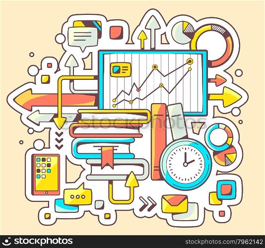 Vector colorful illustration of business education with books and board teaching on yellow background. Hand draw line art design for web, site, advertising, banner, poster, board and print.