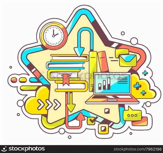 Vector colorful illustration of business education with books and laptop on light background. Hand draw line art design for web, site, advertising, banner, poster, board and print.