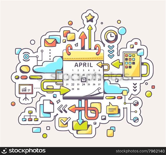 Vector colorful illustration of business meet date with calendar on yellow background. Hand draw line art design for web, site, advertising, banner, poster, board and print.