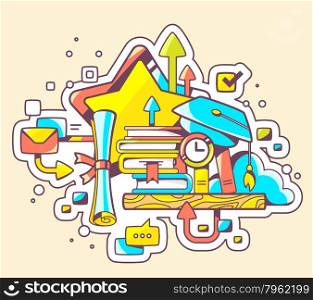 Vector colorful illustration of education with books and graduate cap on light background. Hand draw line art design for web, site, advertising, banner, poster, board and print.