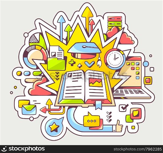 Vector colorful illustration of education with open book and graduate cap on light background. Hand draw line art design for web, site, advertising, banner, poster, board and print.