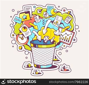 Vector colorful illustration of office trash can and documents on light background. Hand draw line art design for web, site, advertising, banner, poster, board and print.