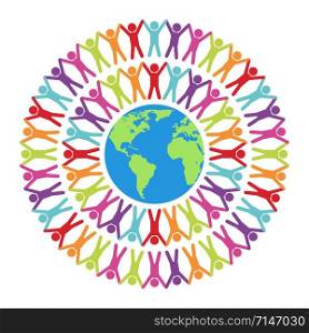 vector colorful illustration of people around the world, peace, friendship or travel concept. earth globe surrounded by a chain of people. world diversity logo isolated on white background