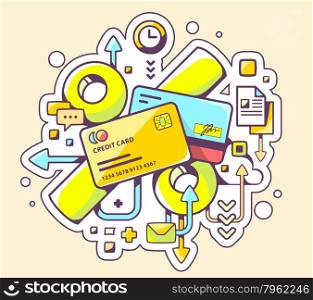 Vector colorful illustration of percentages on credit cards on yellow background. Hand draw line art design for web, site, advertising, banner, poster, board and print.