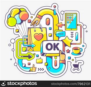 Vector colorful illustration of shopping online and OK button on light background. Hand draw line art design for web, site, advertising, banner, poster, board and print.