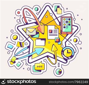 Vector colorful illustration of social media and big star on light background. Hand draw line art design for web, site, advertising, banner, poster, board and print.