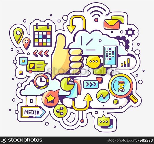 Vector colorful illustration of social media and thump up on light background. Hand draw line art design for web, site, advertising, banner, poster, board and print.