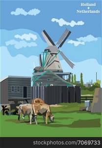 Vector colorful Illustration of watermill in Amsterdam (Netherlands, Holland). Landmark of Holland. Watermill and cows grazing on the meadow.Colorful vector illustration.