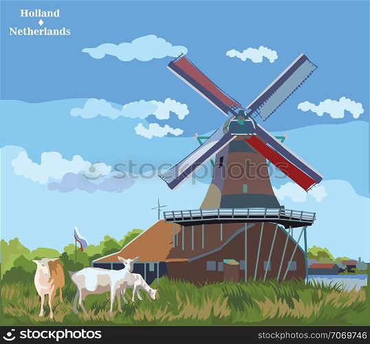 Vector colorful Illustration of watermill in Amsterdam (Netherlands, Holland). Landmark of Holland. Watermill and goats grazing on the meadow.Colorful vector illustration.
