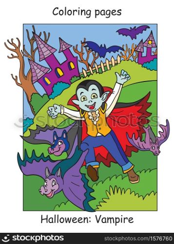 Vector colorful illustration running kid in costume of vampire and bats. Halloween concept. Cartoon illustration isolated on white background. For coloring book for children, preschool education, print and game.. Colorful Halloween cute little vampire running with bats