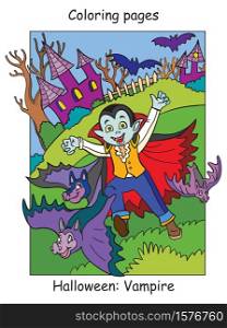 Vector colorful illustration running kid in costume of vampire and bats. Halloween concept. Cartoon illustration isolated on white background. For coloring book for children, preschool education, print and game.. Colorful Halloween cute little vampire running with bats