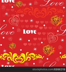 Vector colorful illustration. Seamless pattern with different colorful elements in hearts shape, hearts and curl decorative elements, red roses isolated on red background. Romantic image for art and design. Valentines day.