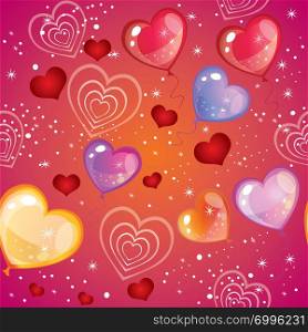 Vector colorful illustration. Seamless pattern with different colorful gradient balloons in hearts shape and confetti isolated on gradient background. Image for art and design. Valentines day.