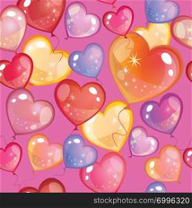 Vector colorful illustration. Seamless pattern with different colorful gradient balloons in hearts shape isolated on purple background. Image for art and design