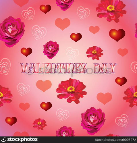 Vector colorful illustration. Seamless pattern with different colorful hearts shape and flowers isolated on gradient background. Image for art and design. Valentines day.