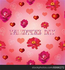 Vector colorful illustration. Seamless pattern with different colorful hearts shape and flowers isolated on gradient background. Image for art and design. Valentines day.
