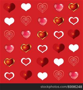 Vector colorful illustration. Seamless pattern with different colorful hearts shape isolated on red background. Image for art and design. Valentines day.