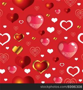 Vector colorful illustration. Seamless pattern with different colorful hearts shape isolated on red background. Image for art and design. Valentines day.
