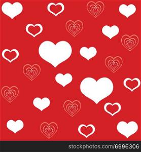 Vector colorful illustration. Seamless pattern with white hearts shape isolated on red background. Image for art and design. Valentines day.