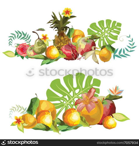 Vector colorful image group of tropical vegetation, fruits (pineapple, pear, Apple, lemon, orange, banana, pomegranate) and flowers. Illustration for art and designe isolated on white background.