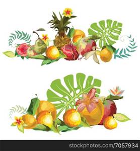 Vector colorful image group of tropical vegetation, fruits (pineapple, pear, Apple, lemon, orange, banana, pomegranate) and flowers. Illustration for art and designe isolated on white background.