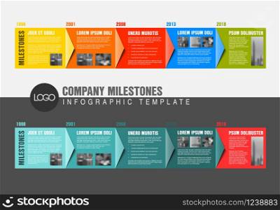 Vector colorful Infographic timeline report template with the biggest milestones, photos, years and description on colorful blocks - two versions. Vector colorful Infographic timeline report templates