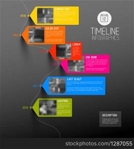 Vector colorful Infographic typographic timeline report template with the biggest milestones, photos, years and description - dark vertical version. Vector colorful vertical timeline infographic