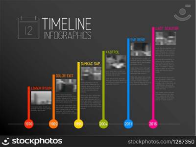 Vector colorful Infographic typographic timeline report template with the biggest milestones, photos, years and description - dark version. Vector Infographic typography timeline report template
