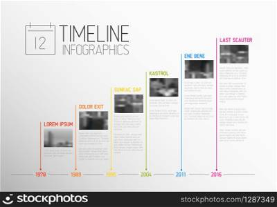 Vector colorful Infographic typographic timeline report template with the biggest milestones, photos, years and description. Vector Infographic typography timeline report template