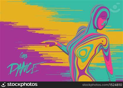 Vector colorful paper cut dancing girl figure. Elegant slow dancing pose. Concept of woman beauty in petite dance motion on glitch background. Intricated femine silhouette in a club. Vector colorful paper cut dancing girl figure. Elegant slow dancing pose. Concept of woman beauty in petite dance motion on glitch background. Intricated femine silhouette in a club.