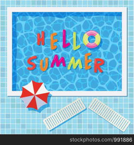 vector colorful summer background with swimming pool, umbrella and air ring. summer holiday party illustration. hello summer text on wavy pool water