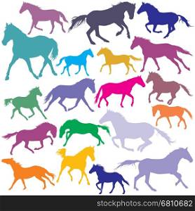 Vector colorful trotting and galloping horses silhouettes