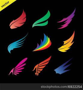 Vector colorful wing icons set on black background., vector of wing for your design.