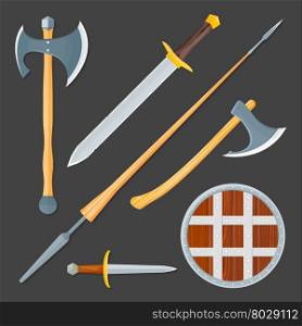 vector colorful wood textured flat design medieval various cold weapon collection shield, dagger, sword, lance, battle axes isolated illustration gray background&#xA;