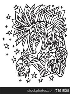 Vector coloring doodle ornamental ice unicorn. Decorative abstract vector illustration in black color contour isolated on white background. Stock illustration for design and tattoo.
