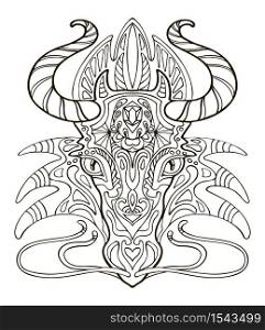 Vector coloring ornamental portrait of dragon. Decorative abstract vector contour illustration isolated on white background. Stock illustration for adult coloring, design, print, decoration and tattoo.