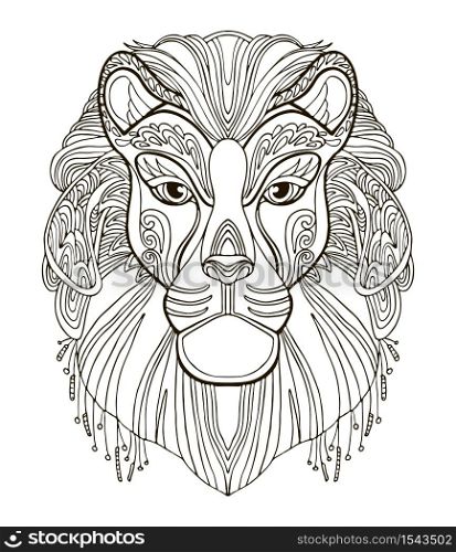 Vector coloring ornamental portrait of lion. Decorative abstract vector contour illustration isolated on white background. Stock illustration for adult coloring, design, print, decoration and tattoo.